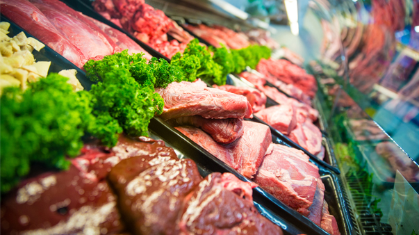 Display of meat at grocery store