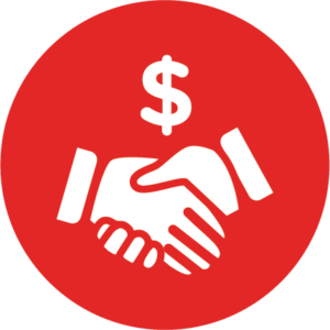 hand shake icon with a $ in a red circle